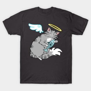 Fluffy Gray Tabby Cat Angel T-Shirt